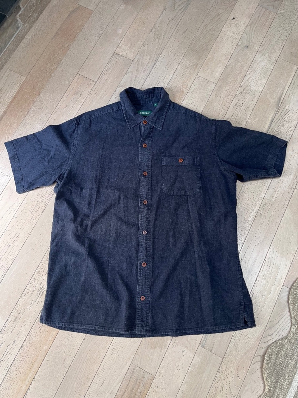 Orvis Button Down Shirt Men’s L Navy Hemp Tencel Short Sleeve Lightweight Summer